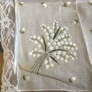 Vintage Lace Handkerchief with Embroidered Spray of Flowers, 12” square
